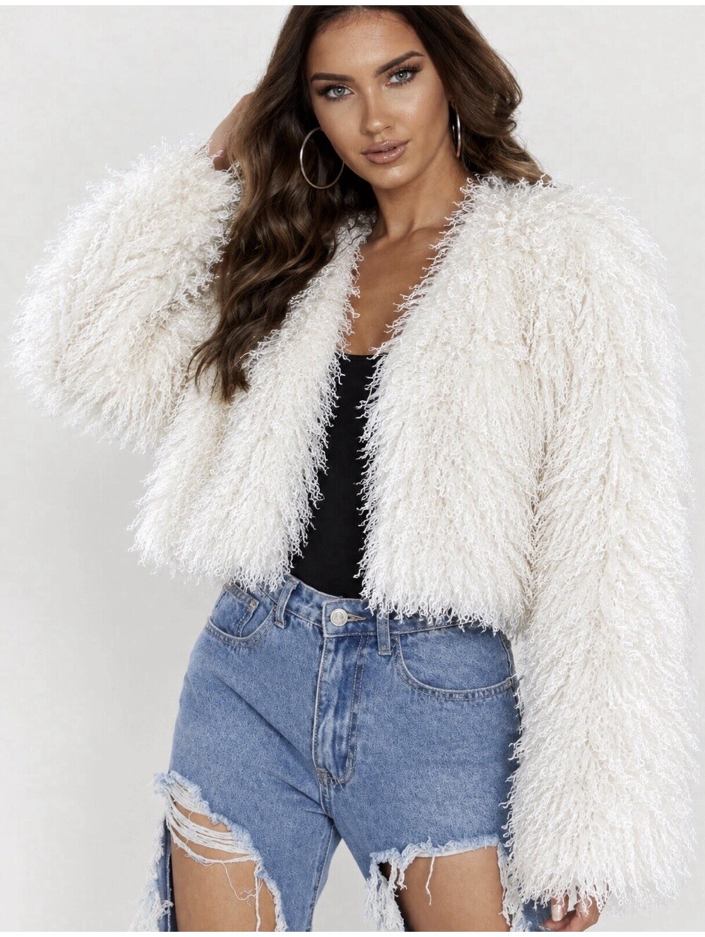 NWT PrettyLittleThing Cream Cropped Faux Fur Coat Shaggy Mob Style Jacket Sz 10